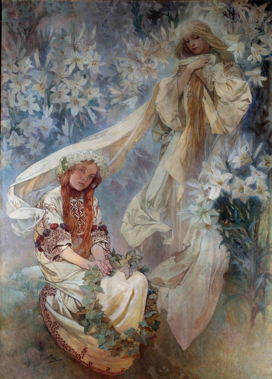 La Madonna au Lys Pintura por Alphonse Mucha (1860-1939) 1905 Coleção Particular de Alphonse Mucha