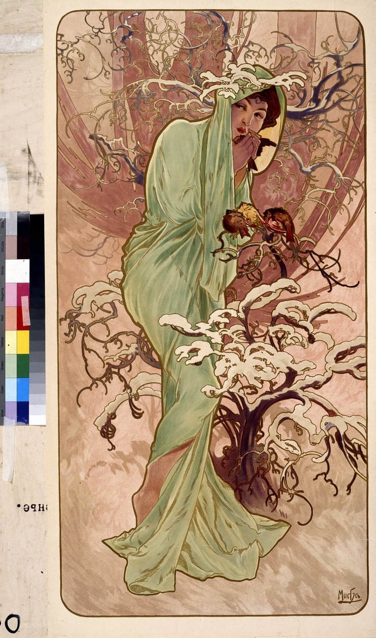 Inverno (Série de alegorias sobre as quatro estações). Trabalho de Alfons Maria Mucha (Alphonse Marie Mucha de Alphonse Marie Mucha