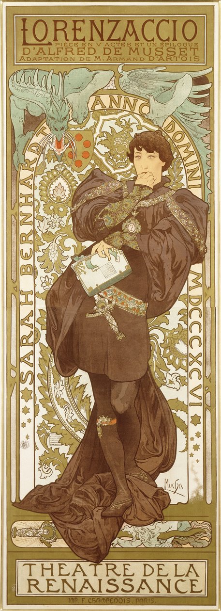 Lorenzaccio, representando a figura permanente de Sarah Bernhardt no papel, 1896 de Alphonse Mucha