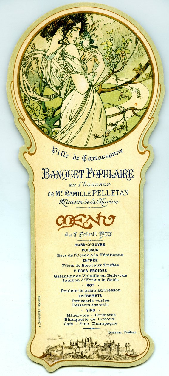 Menu de um banquete popular organizado em Carcassonne em 7 de abril de Alphonse Mucha
