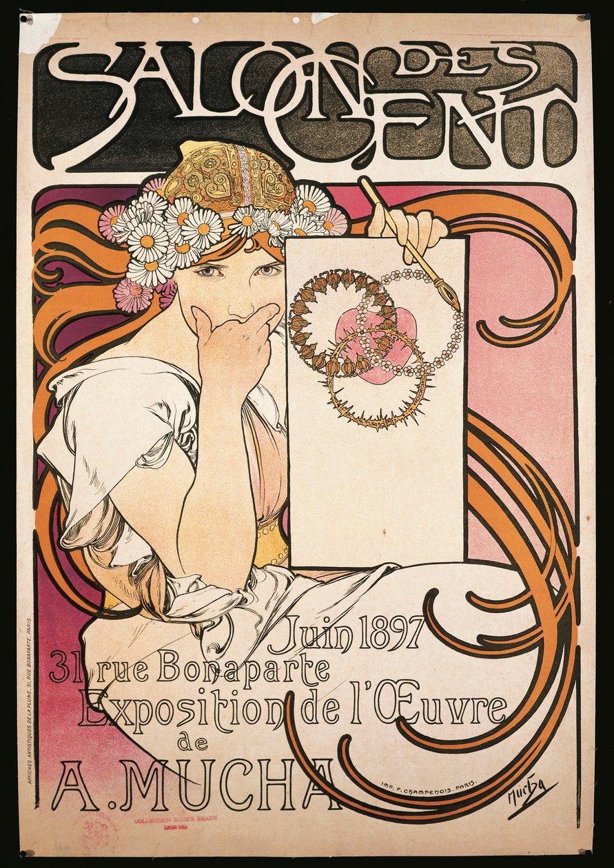 Cartaz publicitário da exposição de A. Mucha no Salon des Cent de Alphonse Marie Mucha