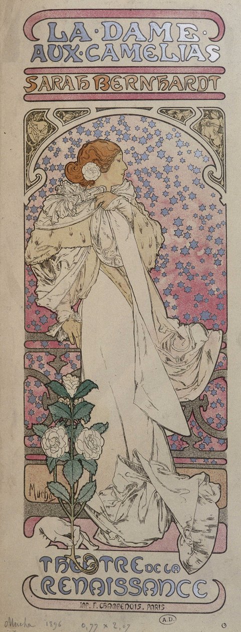 Cartaz de "La dame au camélias" no Teatro Renascentista com Henriette Rosine Bernard dit Sarah Bernhardt (1844-1923) - por Mucha de Alphonse Mucha