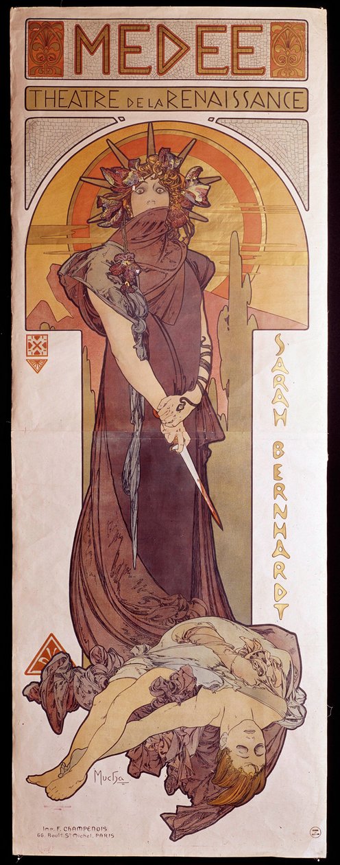 Cartaz de "Medee" apresentado por Henriette Rosine Bernard dit Sarah Bernhardt (1844-1923) no Teatro da Renascença. Ilustração de Alphonse Mucha (1860-1939) Paris, Artes Decorativas de Alphonse Mucha