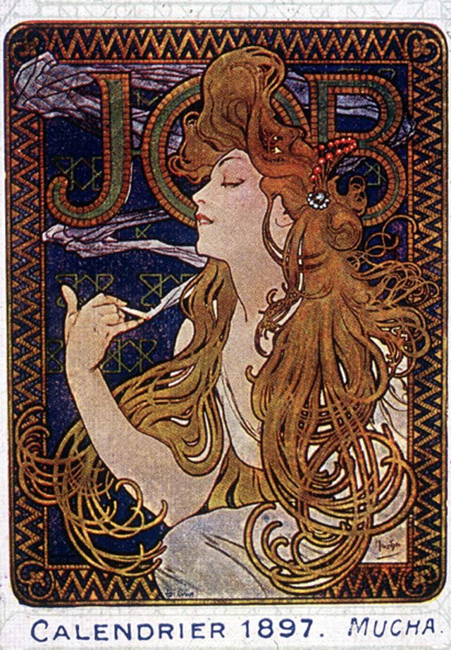 Cartaz do trabalho nas fábricas de papel em Toulouse realizado pelo pintor Mucha. 1897. de Alphonse Marie Mucha