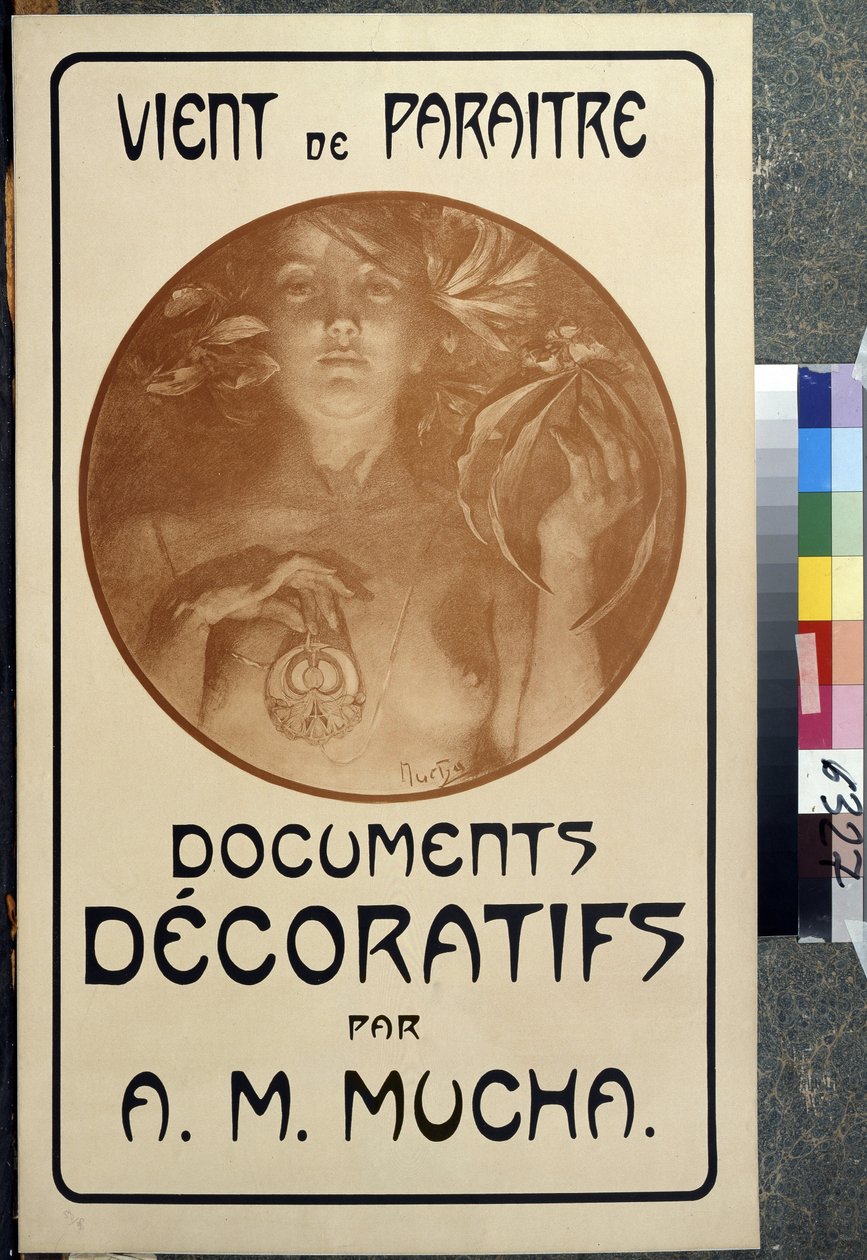 Anúncio para a monografia "Documentos Decorativos de A. M. Mucha. Cartaz de Alfons Maria Mucha (Alphonse Marie Mucha de Alphonse Marie Mucha