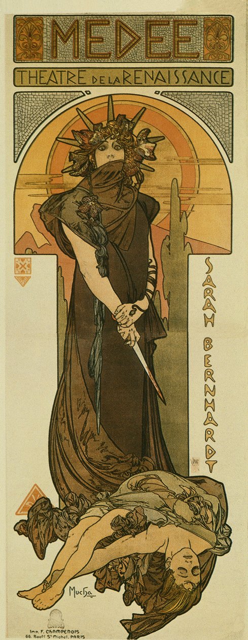 Sarah Bernhardt como Medee no Renaissance Theatre. 1898 (litografia) de Alphonse Mucha