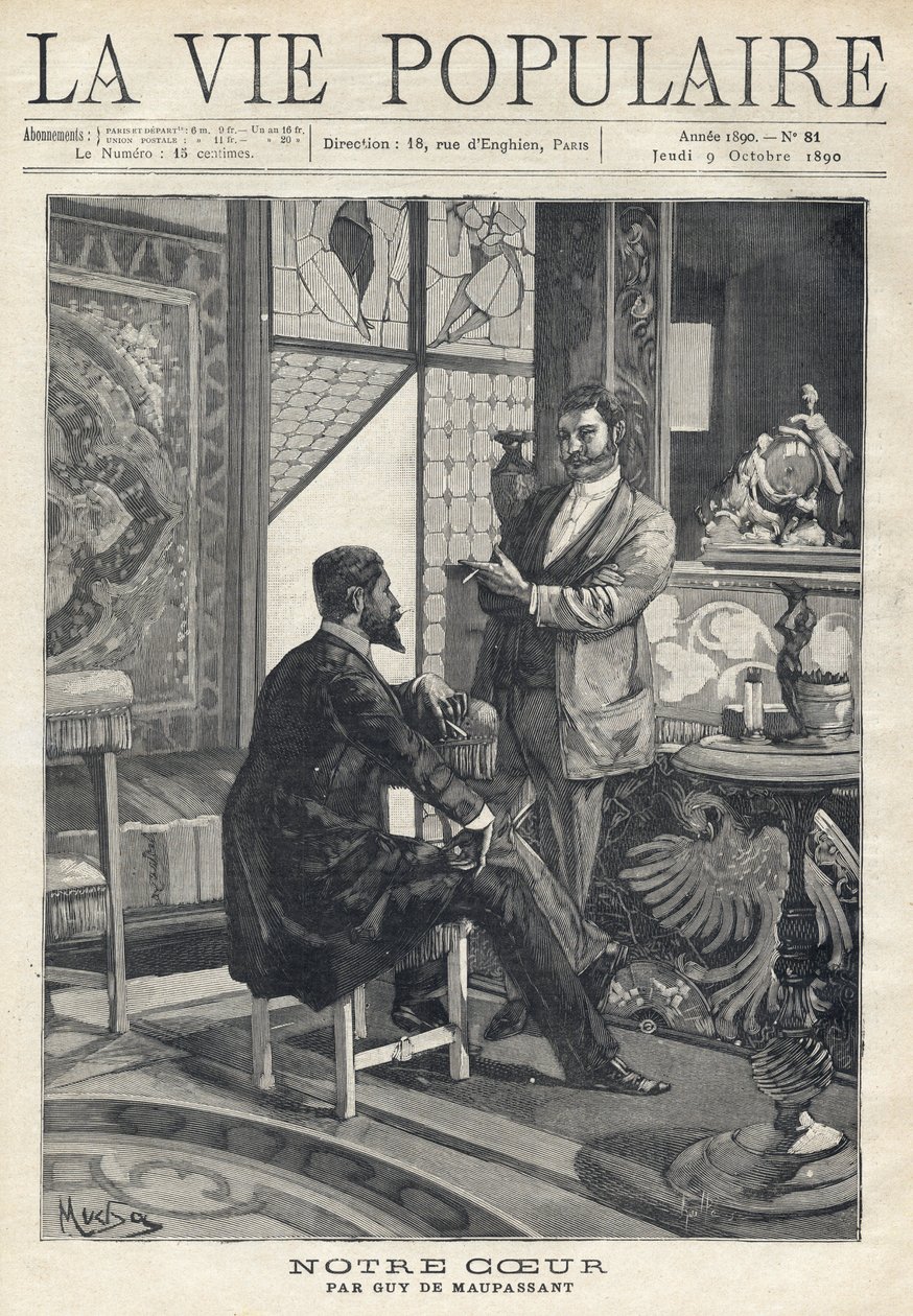 Dois homens, um sentado e o outro em pé, de frente um para o outro, estão em plena conversa, fumando cigarros em uma sala ricamente decorada (vitrais, móveis, objetos de arte). Ilustração de Alfons Maria Mucha (Alphonse Marie Mucha de Alphonse Mucha