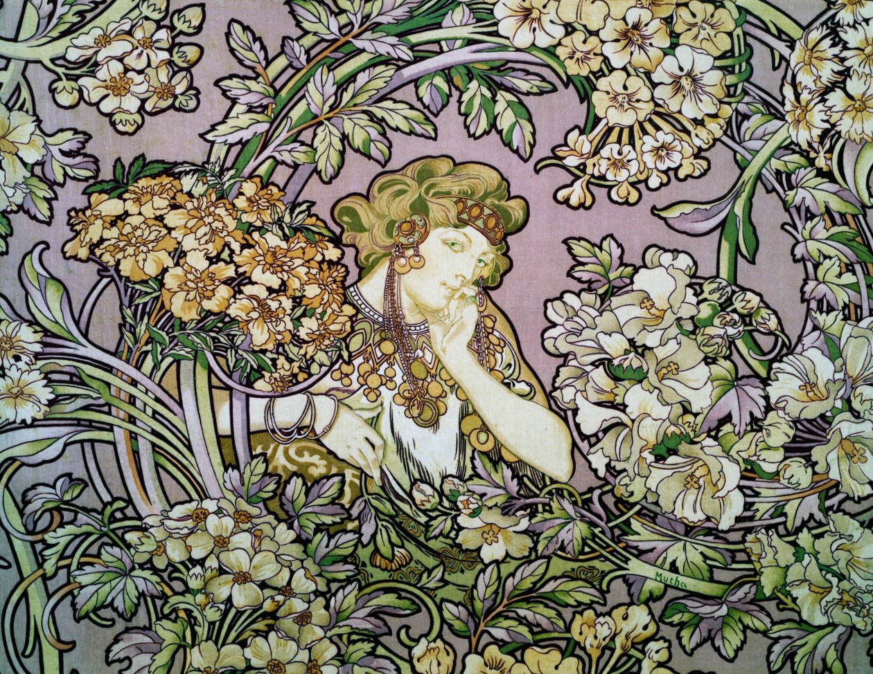 Mulher entre as flores, c.1900 (litografia em veludo de seda) de Alphonse Marie Mucha