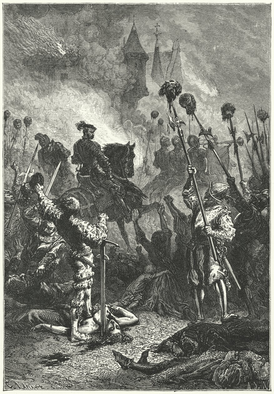 Florian Geyer após o massacre dos defensores do castelo de Weinsberg na Guerra dos Camponeses Alemães de Alphonse Marie de (after) Neuville