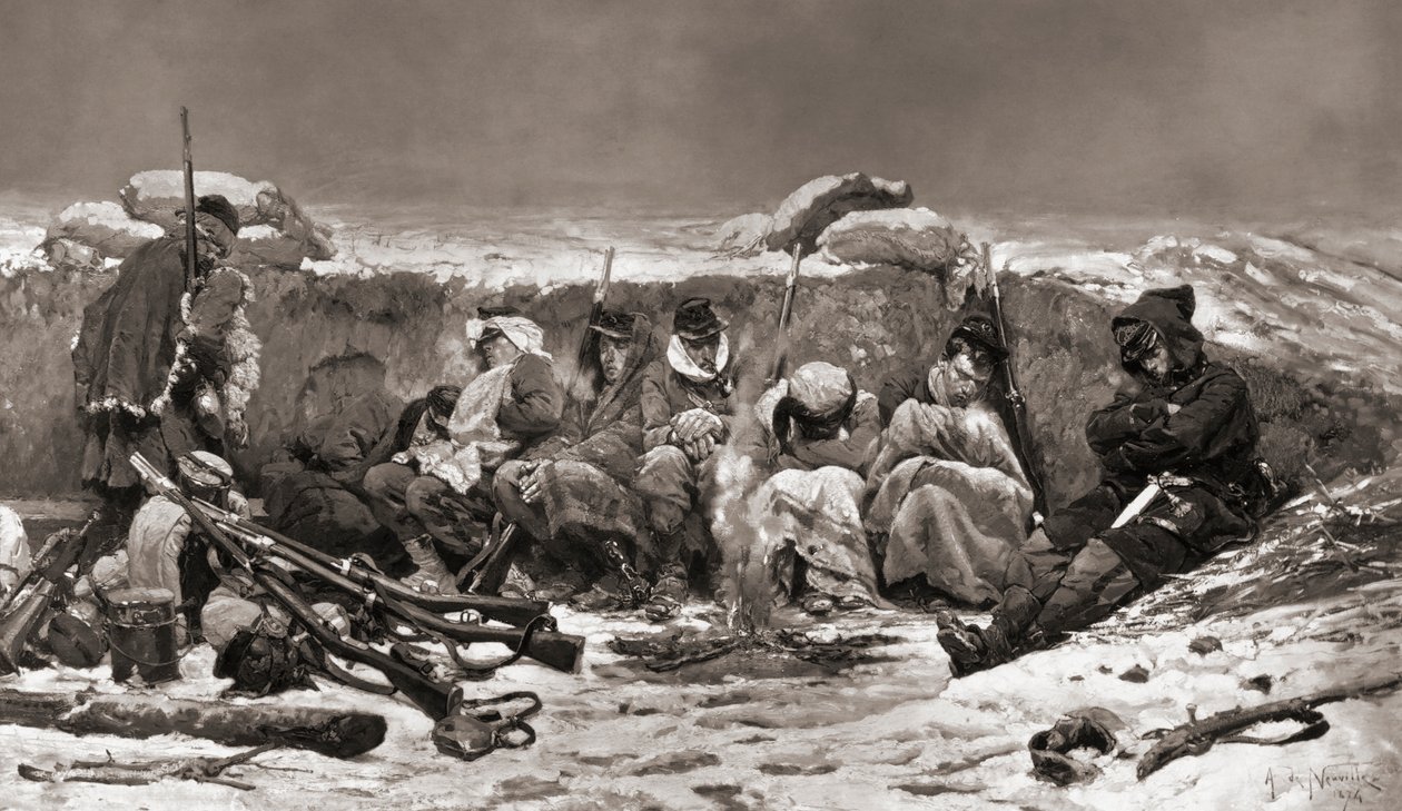 Soldados franceses em trincheiras. Cerco de Paris. Guerra Franco-Prussiana de Alphonse Marie de (after) Neuville