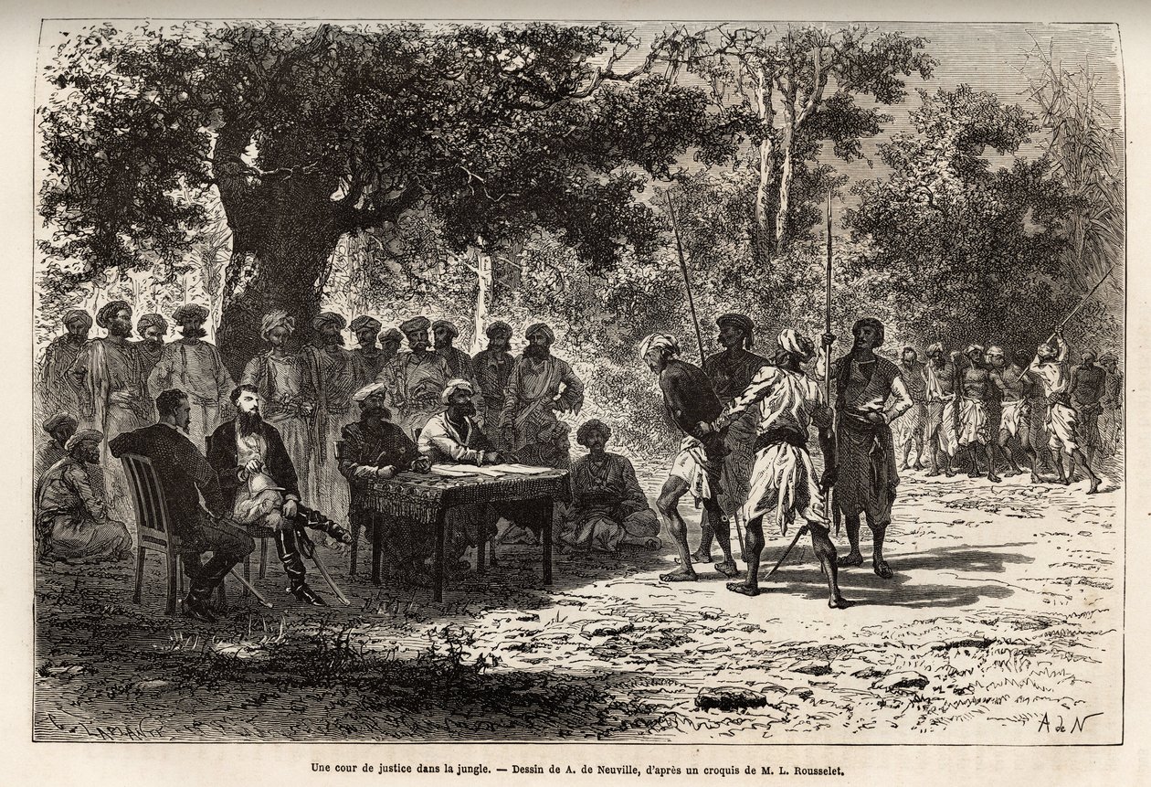 Um tribunal de justiça na selva, perto da aldeia de Sanchi, após o roubo do baú dos exploradores, o magistrado do distrito de Bhopal e os seus gendarmes são enviados ao local do crime para investigar e julgar as pistas. de Alphonse Marie de Neuville