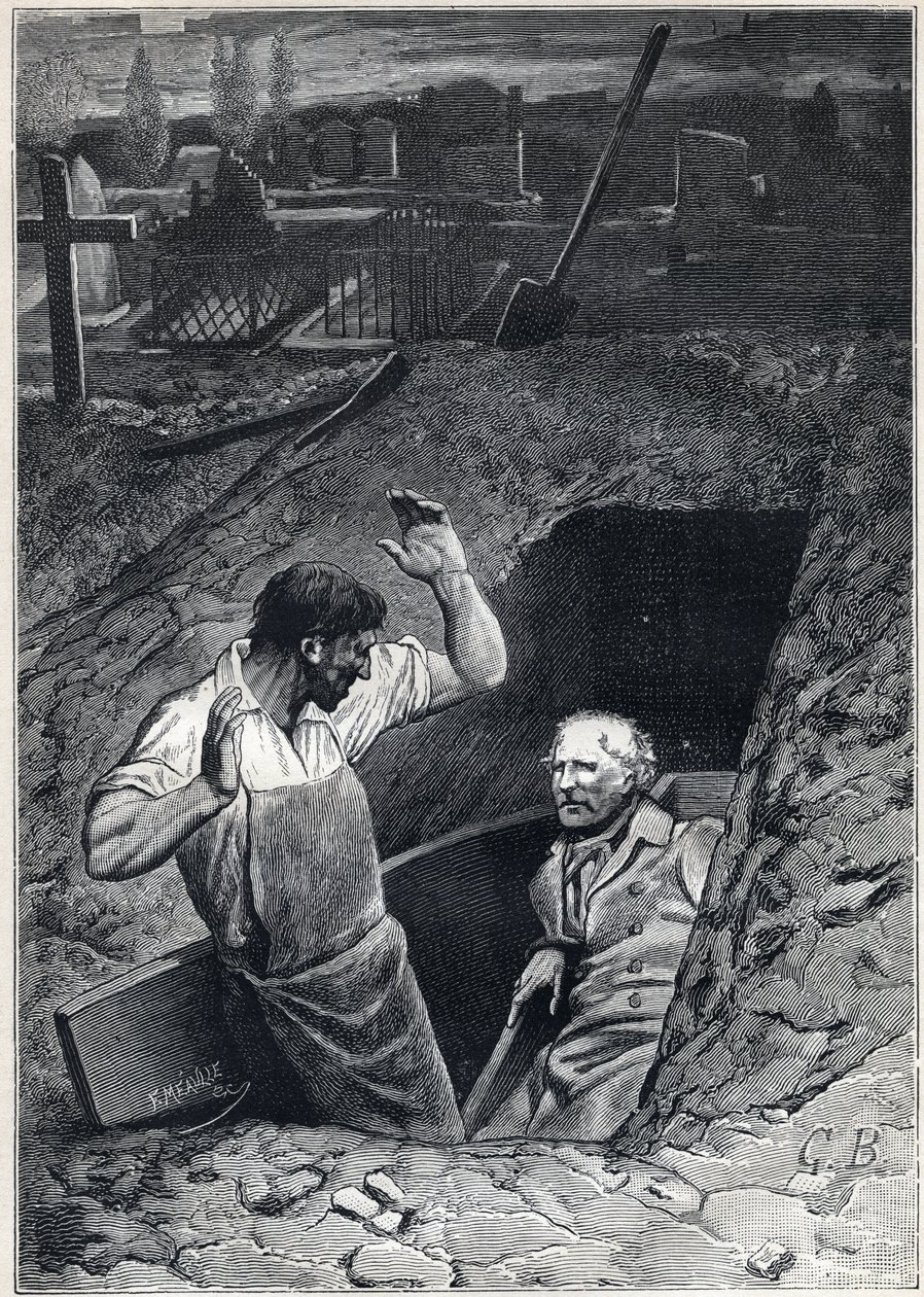Uma ressurreição é quase tão assustadora como uma morte: Fauchelevent e Jean Valjean - Ilustração de Alphonse de Neuville (1836-1885) para "Les miserables - Segunda parte": Cosette" de Victor Hugo (1802-1885) 1862 de Alphonse Marie de Neuville