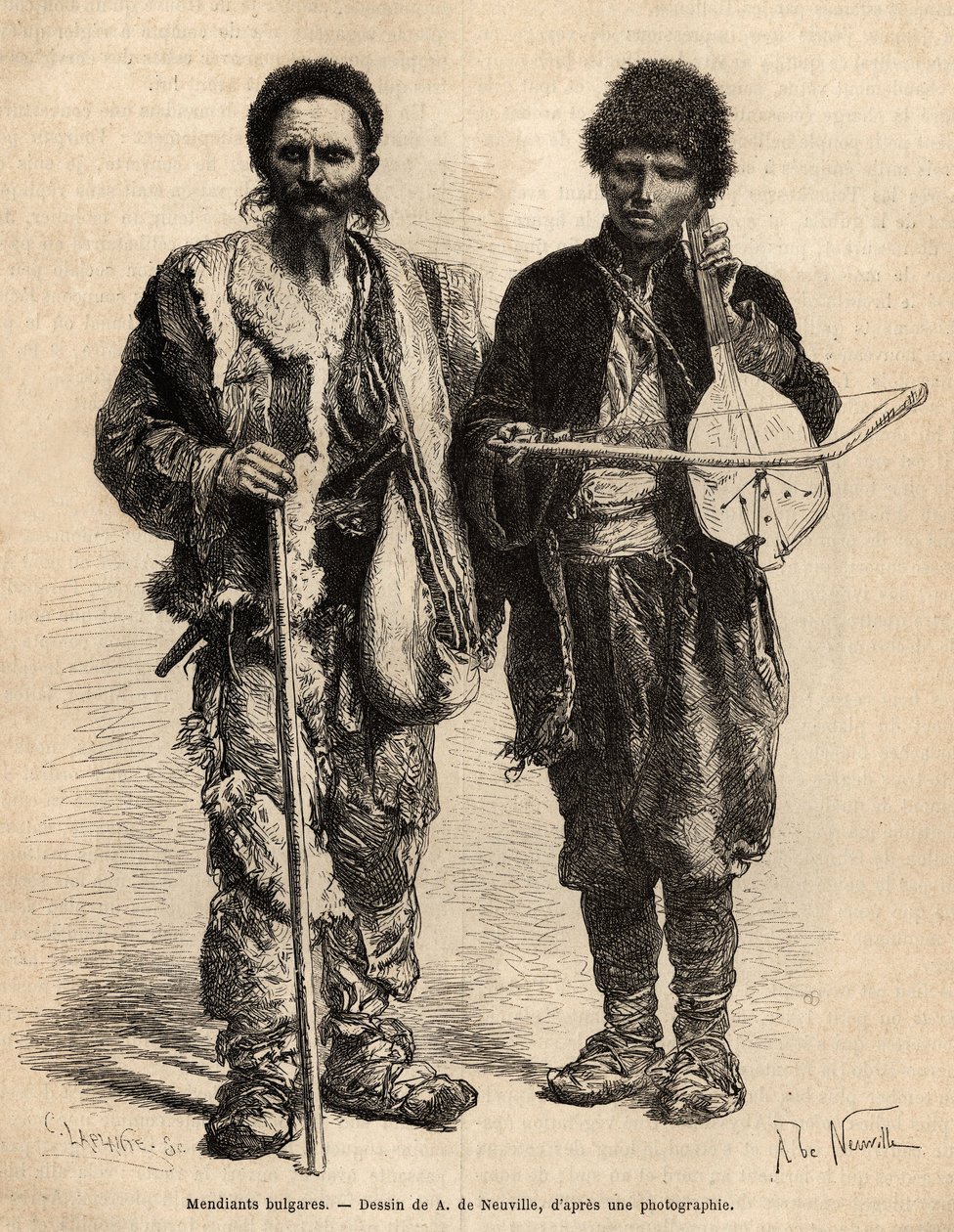 Mendigos itinerantes búlgaros, incluindo um cego tocando ghuzla (alaúde sérvio tem uma corda) que acompanha a recitação de poesia e recitais épicos, gravados após o desenho de A. De Neuville, ilustrando a viagem à Bulgária, por Guillaume Lejean de Alphonse Marie de Neuville