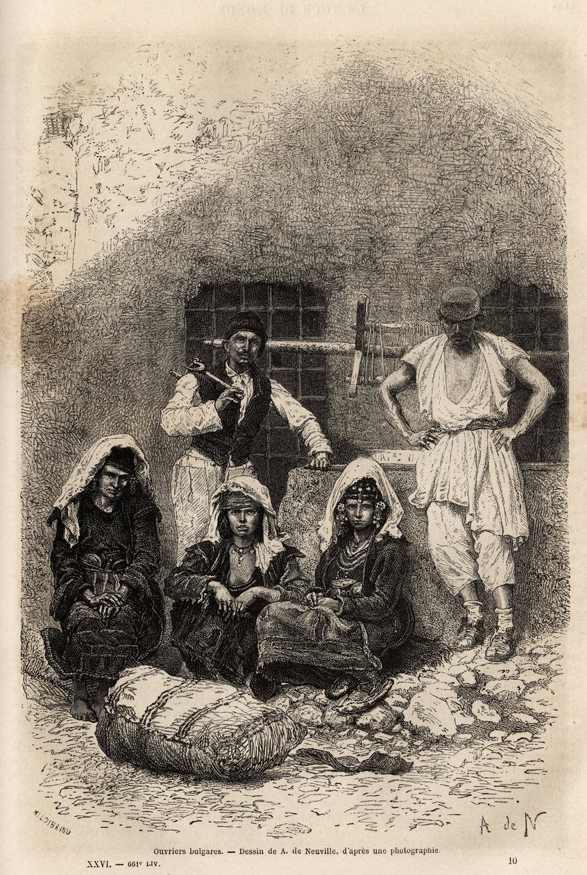 Trabalhadores búlgaros, perto de Sophia, gravando após o desenho de A. De Neuville, ilustrando a viagem à Bulgária, de Guillaume Lejean, em 1867, publicado em "Le tour du monde" 1873, editado por Edouard Charton, edição Hachette, Paris. Coleção Selva de Alphonse Marie de Neuville