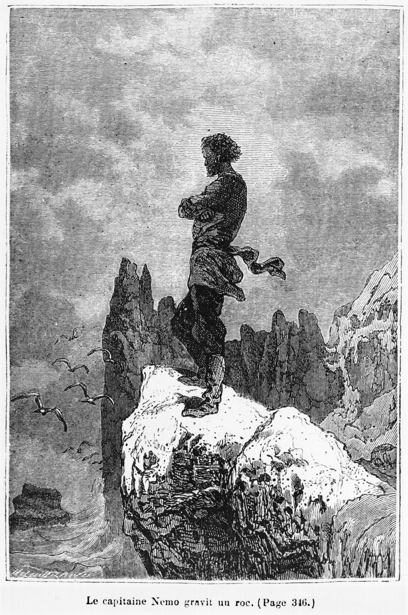 Capitão Nemo escalando uma rocha, ilustração de &39;20, 000 léguas submarinas &39;por Jules Verne (1828-1905) gravado por Henri Theophile Hildibrand (1824-97) Paris, Hetzel, publicado em 1877 (b de Alphonse Marie de Neuville