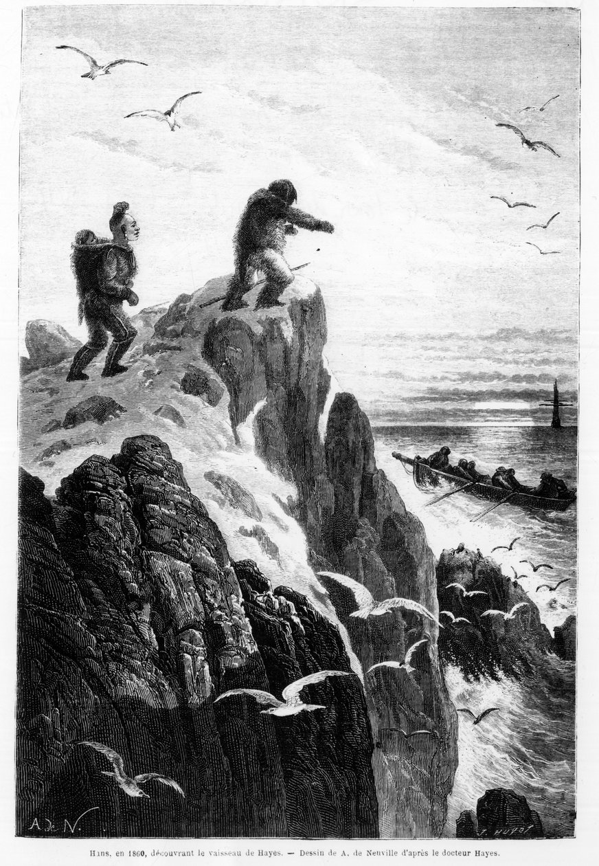Hans em 1860, descobrindo o navio de Hayes - desenho de Neuville do Dr. Hayes em "O mar livre do pólo, viagem de descoberta nos mares Árticos de Alphonse Marie de Neuville