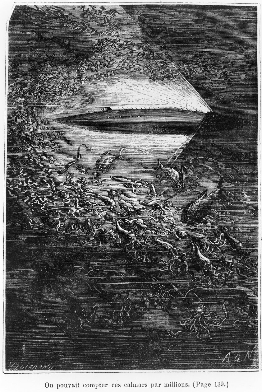 Ilustração de &39;20, 000 ligas sob o mar &39;por Jules Verne (1828-1905) gravado por Henri Theophile Hildibrand (1824-97) 1877 de Alphonse Marie de Neuville