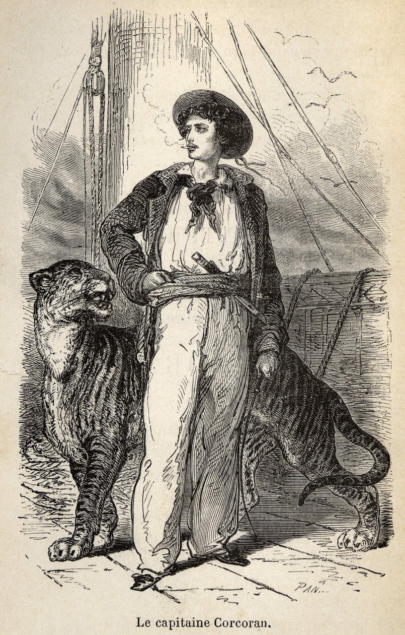 Ilustração das "Maravilhosas mas autênticas Aventuras do Capitão Corcoran" de Alfred Assollant, ilustrada com 25 vinhetas desenhadas em madeira por A. de Neuville, Librairie Hachette et Cie em Paris de Alphonse Marie de Neuville