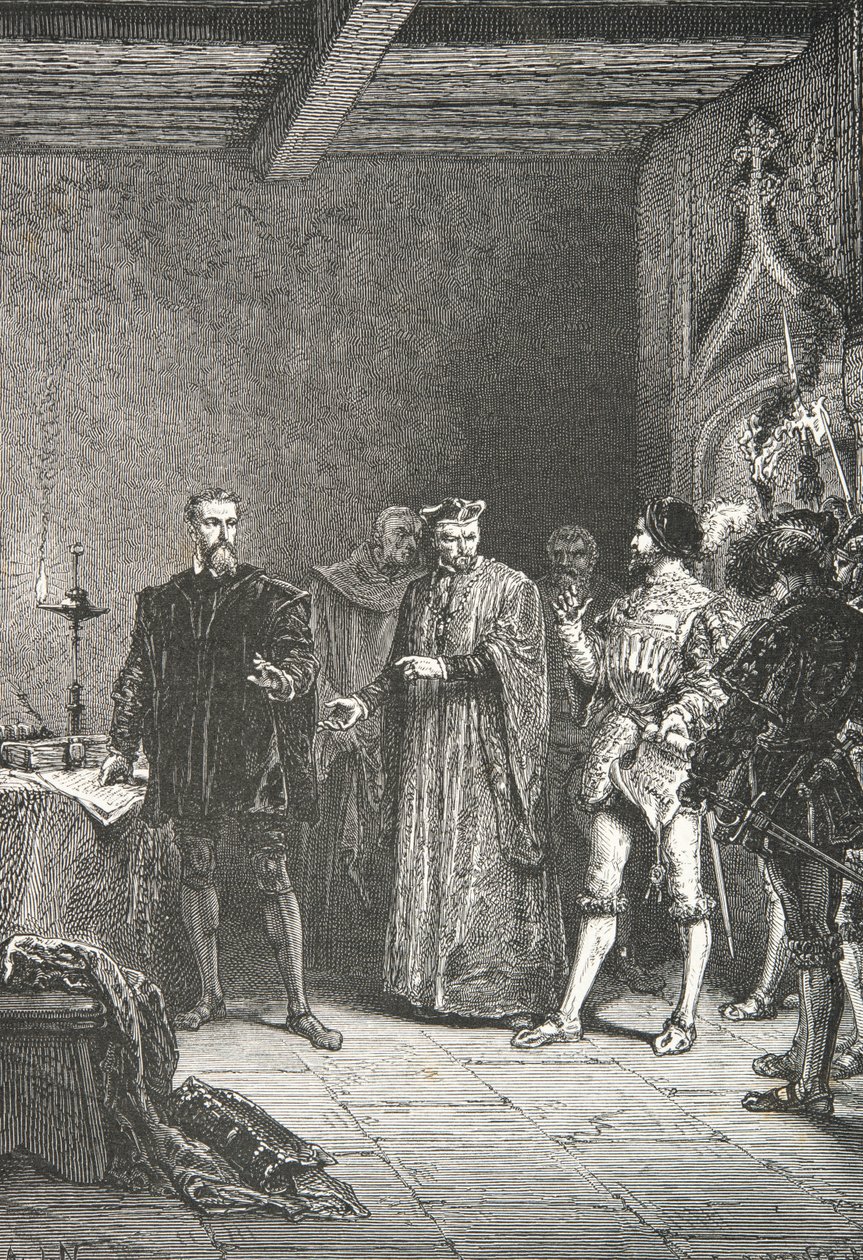 Jean de La Barre informa Louis de Berquin da sua libertação da conciergerie (Gravura) de Alphonse Marie de Neuville