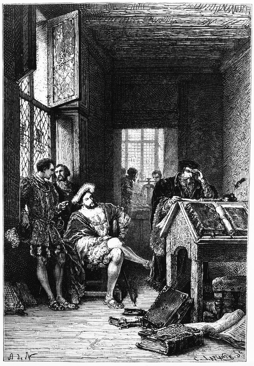 Rei Francis I da França na oficina de Robert Estienne, impressão feita por C. Laplante, ilustração de "A História da França" por François Guizot, publicado em 1879 de Alphonse Marie de Neuville