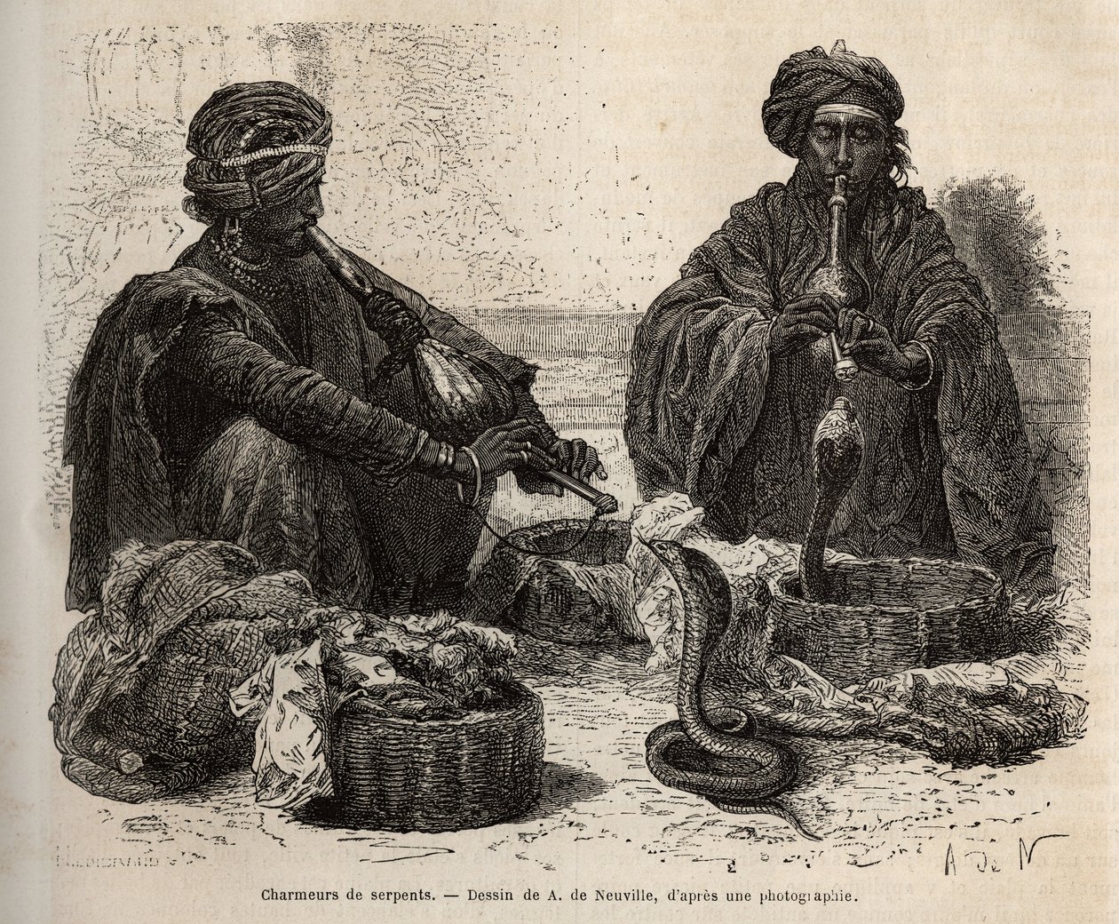 Les charmeurs de serpents, que comercializam répteis, que atraem soprando em seu toumril (flauta), gravando após o desenho de A. de Neuville, ilustrando a viagem à Índia dos Rajahs, em 1864-1868, de Louis Rousselet, publicado em "Le tour de Alphonse Marie de Neuville