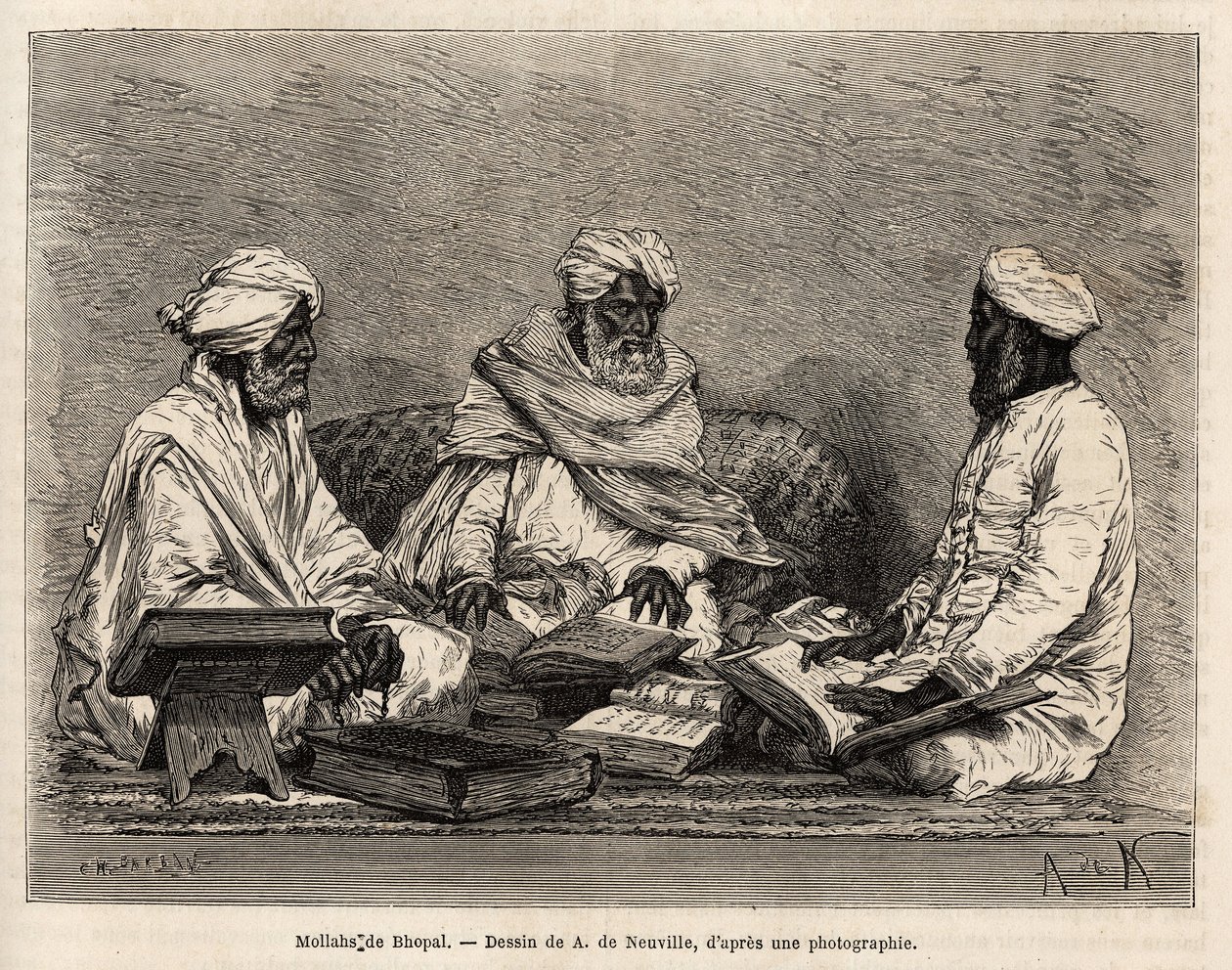 Les mullahs de la mesque de Bhopal, em plena discussão dos pontos controversos da religião muçulmana, gravando após o desenho de A. de Neuville, ilustrando a viagem na Índia dos Rajahs, em 1864-1868, de Louis Rousselet, publicado em "Le to de Alphonse Marie de Neuville