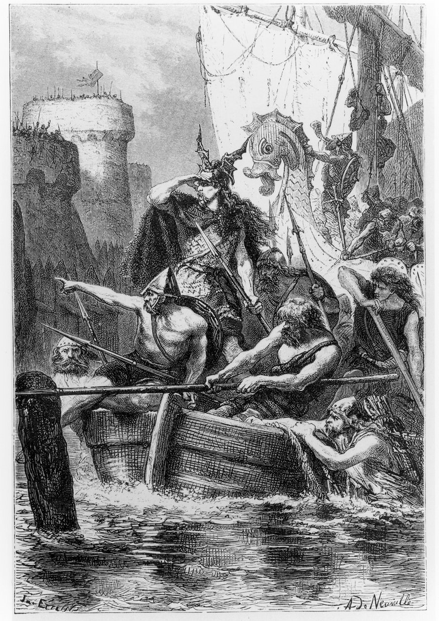 Norse Boats sitiando Paris, de "A História da França disse a meus netos" por François Guizot (1787-1874) e terminou pela filha de Guizot, publicada por Hachette, 1879, (bw pho de Alphonse Marie de Neuville