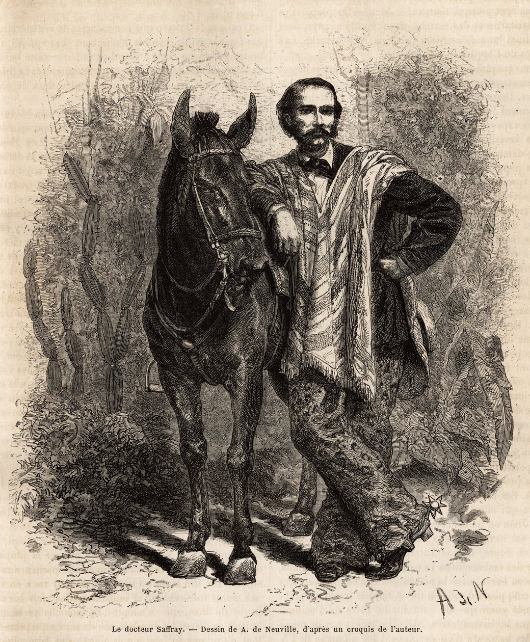 Retrato do Dr. Saffray, braços no seu monte, em vestido de viagem, gravado após o desenho de A. de Neuville, ilustrando a viagem a Nova Granada, pelo Dr. Saffray, em 1869, publicado em "Le tour du monde" 1873, editado por Edouard Charton, Hachette editi de Alphonse Marie de Neuville