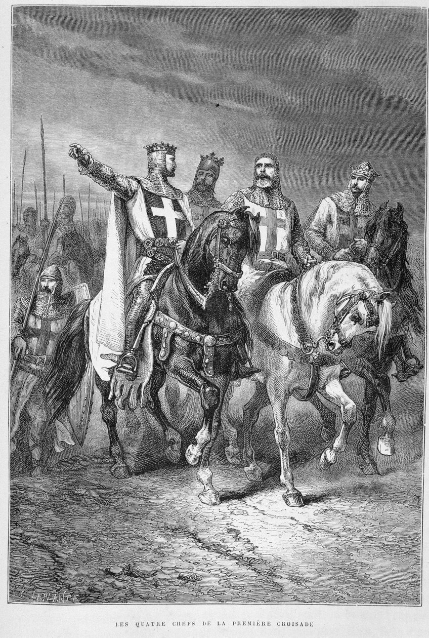 Os Quatro Chefes da Primeira Cruzada (incluindo Godefroi de Bouillon) - em "A História da França" de Guizot, Hachette de Alphonse Marie de Neuville