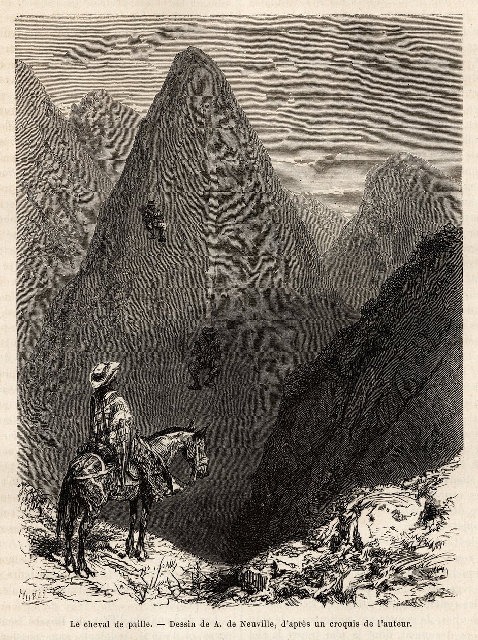 Os índios do estado de Boyaca, descendo uma montanha coberta de capim em cavalos de palha, constituída por um feixe de capim comprido sobre o qual se senta um califorquio para descer as encostas a toda a velocidade, apenas pela força do gravite, gravando d de Alphonse Marie de Neuville