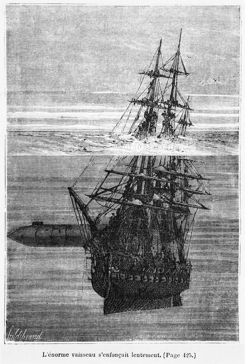 O Nautilus, ilustração de &39;20, 000 ligas sob o mar &39;por Jules Verne (1828-1905) gravado por Henri Theophile Hildibrand (1824-97) Paris, Hetzel, publicado em 1877 de Alphonse Marie de Neuville