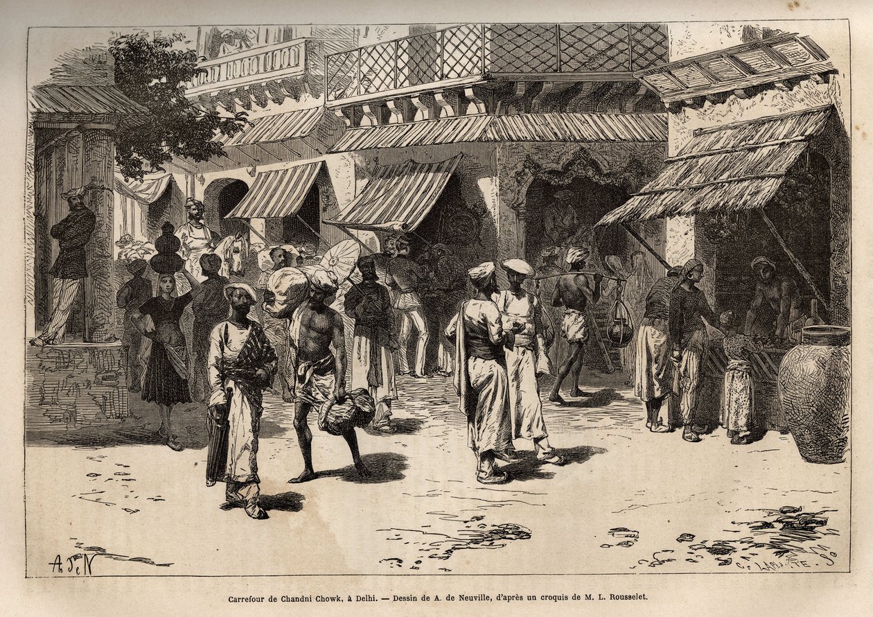 O cruzamento de Chandni chowk, a rua das tempestades de ouro, a principal arte das actividades comerciais e artesanais, que atravessa Dehli desde o grande portão do palácio até ao portão de Lahore, gravando após o desenho de A. de Neuville, ilustrando a vi de Alphonse Marie de Neuville