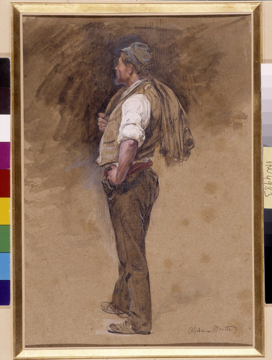 O fazendeiro tem a jaqueta na cabeça. Pintura de Alphonse Moutte (1840-1913), Menção obrigatória: Fundação da coleção a respeito de Provence, Marselha (Dim in cm 27x18) de Alphonse Moutte