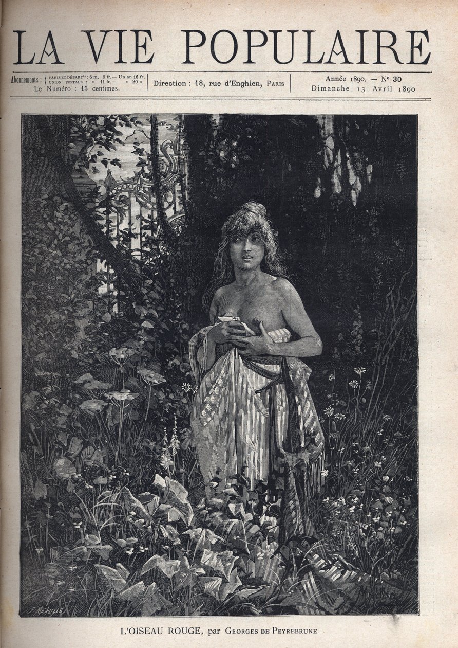 Uma jovem nua, de pé e decoiffee, cobrindo seu corpo com um cobertor, rodeada de vegetação e árvores que mascaram uma grade de ferro forjado. Ilustração de Alfons Maria Mucha (Alphonse Marie Mucha de Alphonse Mucha