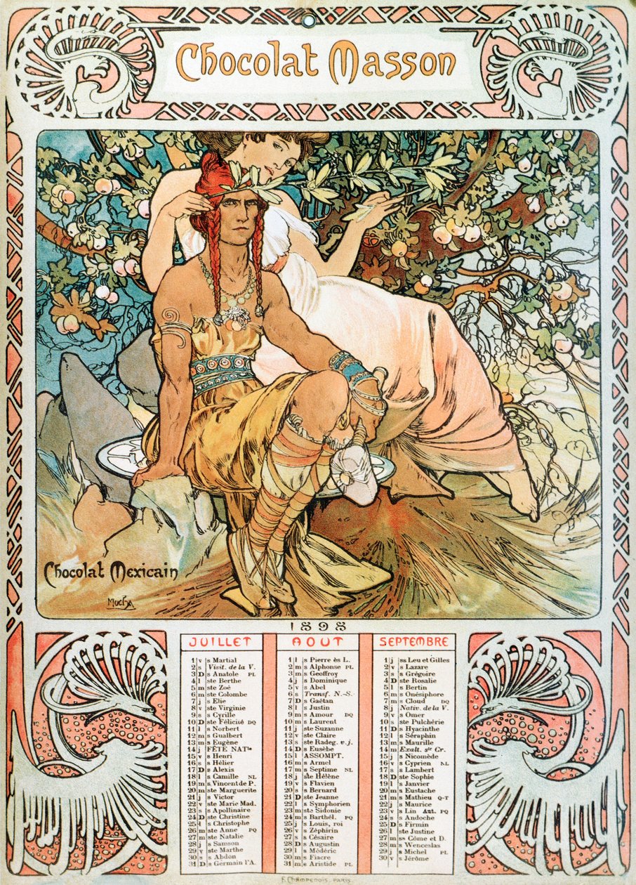 Página do calendário adulto do ano 1898 decoree de uma ilustração publicitária de Alphonse Mucha (1860-1939) para os chocolates Masson - “” A meia idade ”” Ilustração de publicidade de Alphonse Mucha para de Alphonse Mucha