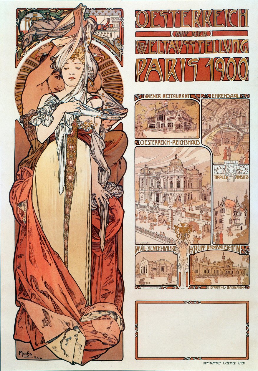 Cartaz publicitário de Alphonse Mucha (1860-1939) para a Áustria representado na Exposição Universal em Paris 1900 - Dim 68x98,5 cm Cartaz publicitário de Alphonse Mucha para “” Austria ”” no Exposit de Alphonse Mucha