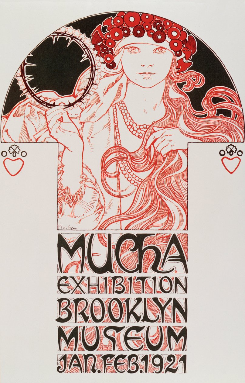 Cartaz publicitário de Alphonse Mucha (1860-1939) para “Mucha Exhibition, Brooklyn Museum”, 1921 - Cartaz publicitário de Alphonse Mucha para a exposição de Mucha no Brooklyn Museum em Nova Iorque, 1921 Dim de Alphonse Mucha