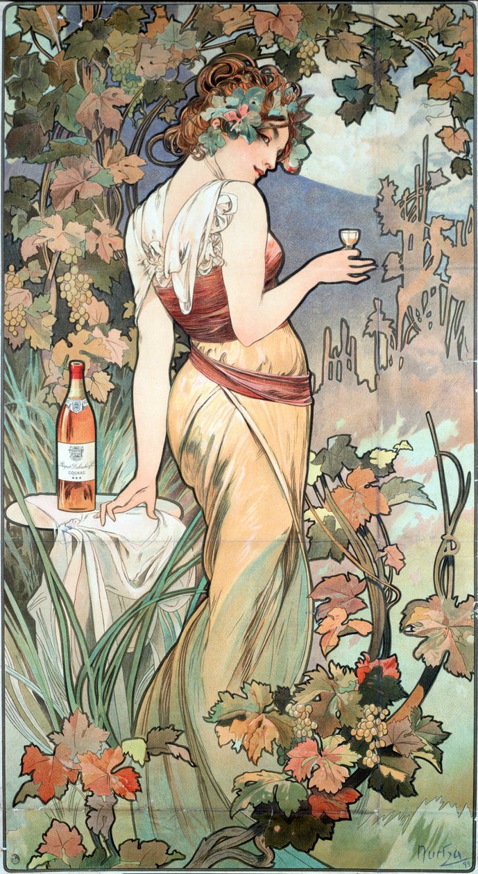 Cartaz publicitário de Alphonse Mucha (1860-1939) para o conhaque Bisquit, Dubouche, 1899 - Cartaz publicitário de Alphonse Mucha para “Cognac Bisquit, Dubouche”, 1899 Sol 61x32 cm Coleção particular de Alphonse Mucha