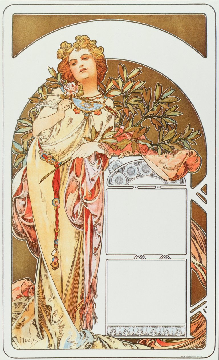 Cartaz publicitário de Alphonse Mucha (1860-1939) para o calendário 1898 - Dim 31x51 cm Cartaz publicitário de Alphonse Mucha para calendário, 1898 - Coleção particular de Alphonse Mucha