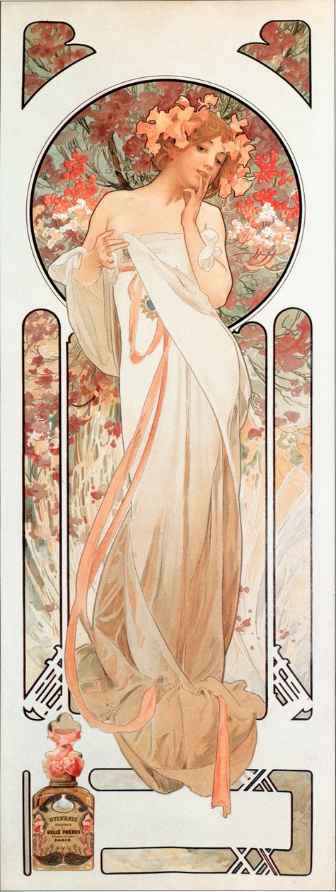Cartaz publicitário de Alphonse Mucha (1860-1939) para a fragrância “Sylvanis essence” 1899 - Dim 21x61 cm Cartaz publicitário de Alphonse Mucha para o perfume “” Sylvanis essence “” 1899 - Col de Alphonse Mucha