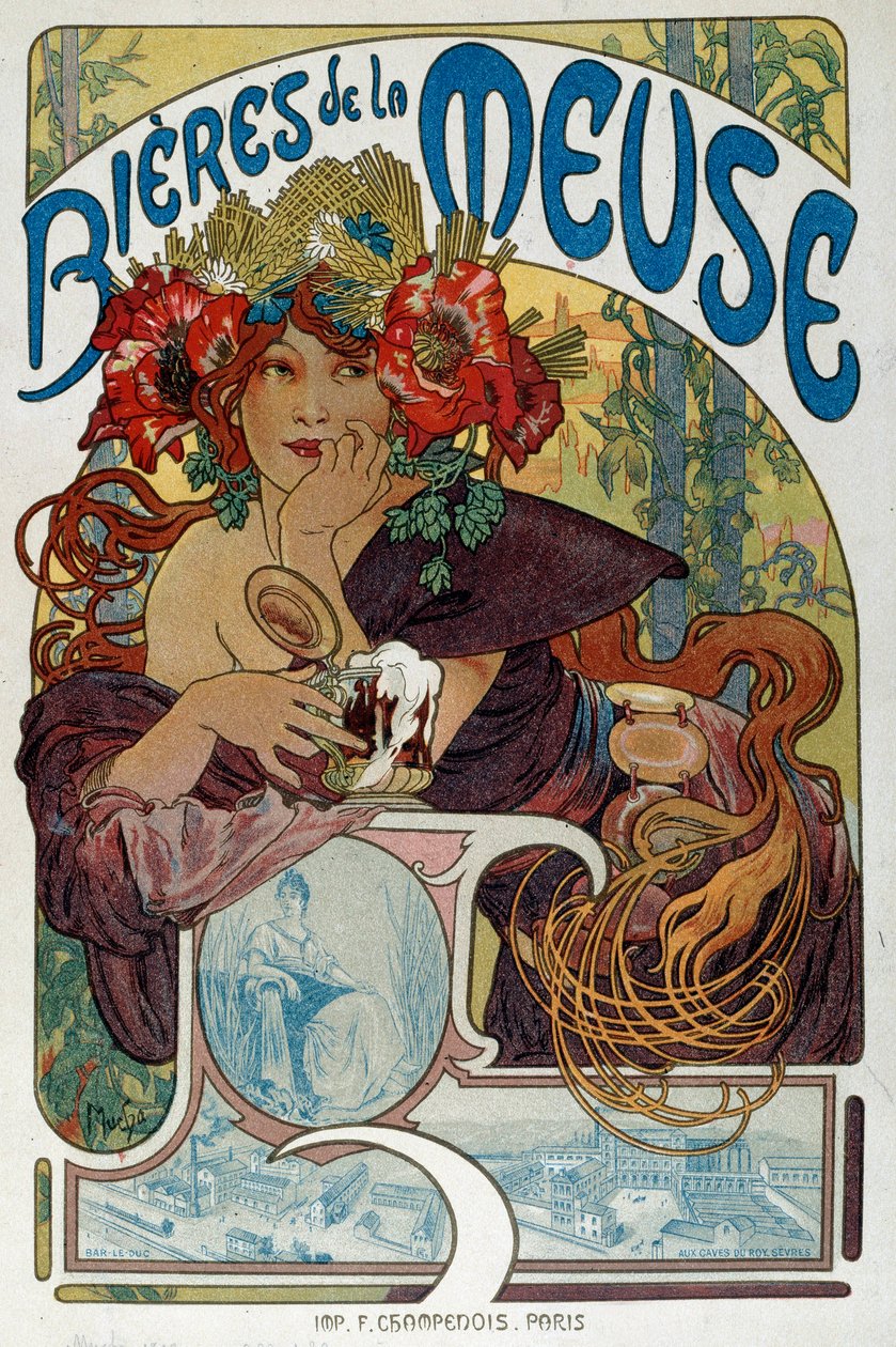 Cartaz publicitário para "Les bieres de la Meuse" ilustrado por Alphonse Mucha (1860-1939) 1898 Paris, Artes Decorativas de Alphonse Mucha