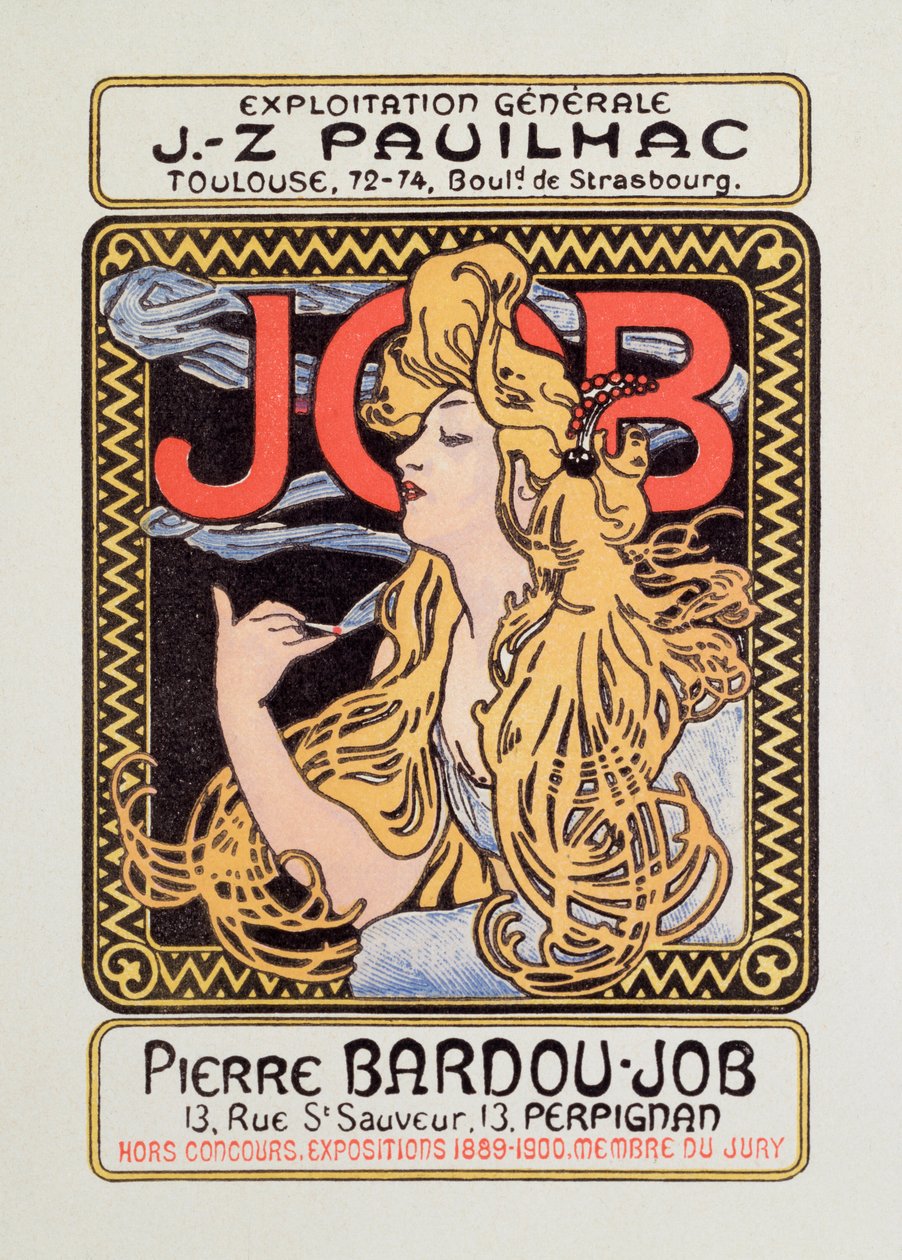 Cartaz publicitário para papel de cigarro Emprego criado por Alphonse Mucha (1860-1939) 1900 - Sol 12x8 cm Cartaz publicitário para papel de cigarro Emprego liberado por Alphonse Mucha, 1900 - Coleção particular de Alphonse Mucha