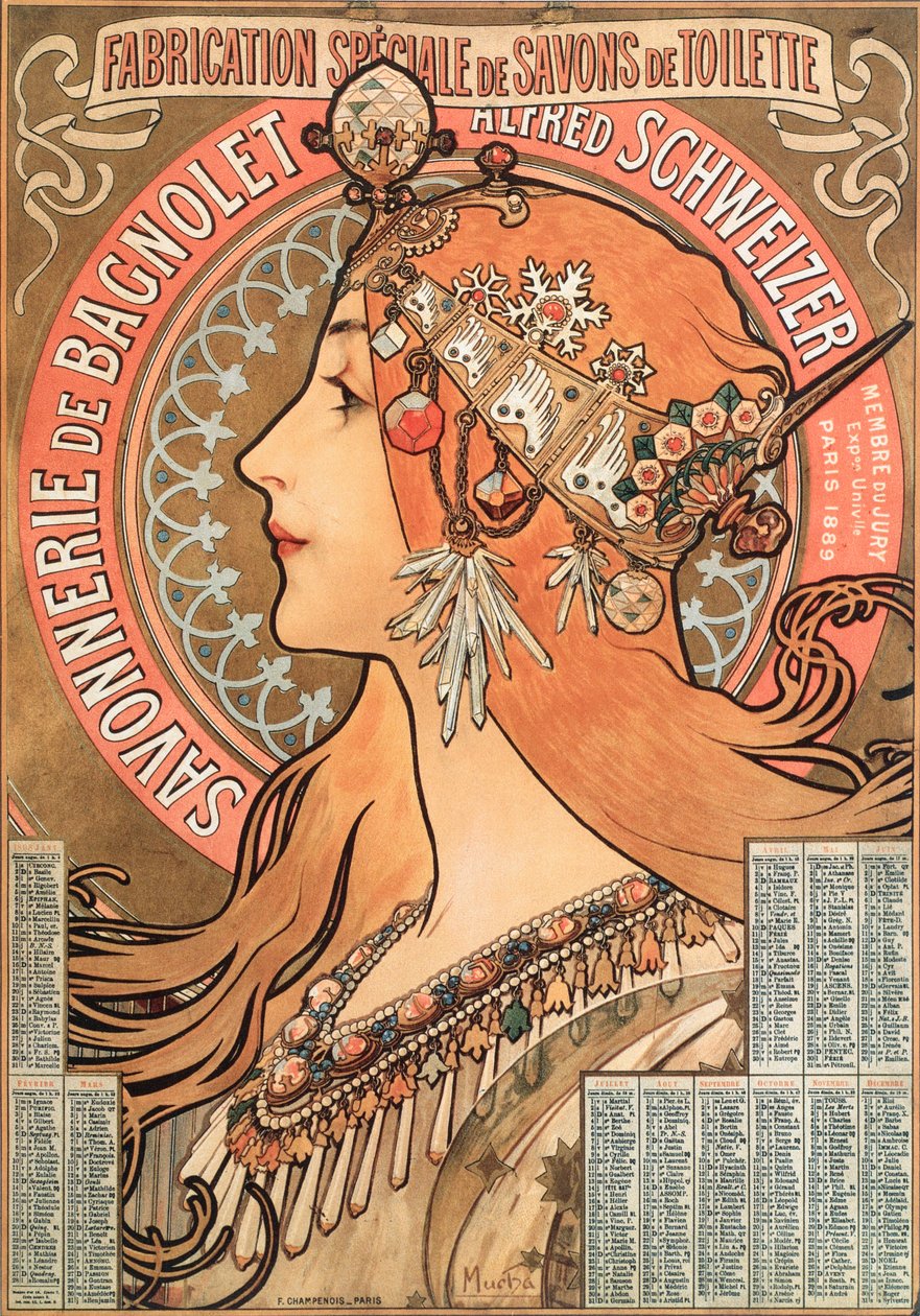 Página do calendário do ano 1898 decoree de uma ilustração de publicidade por Alphonse Mucha (1860-1939) para a empresa de sabão Savonnerie de Bagnolet Alfred Schweizer - Ilustração de publicidade por Alphons ( de Alphonse Mucha