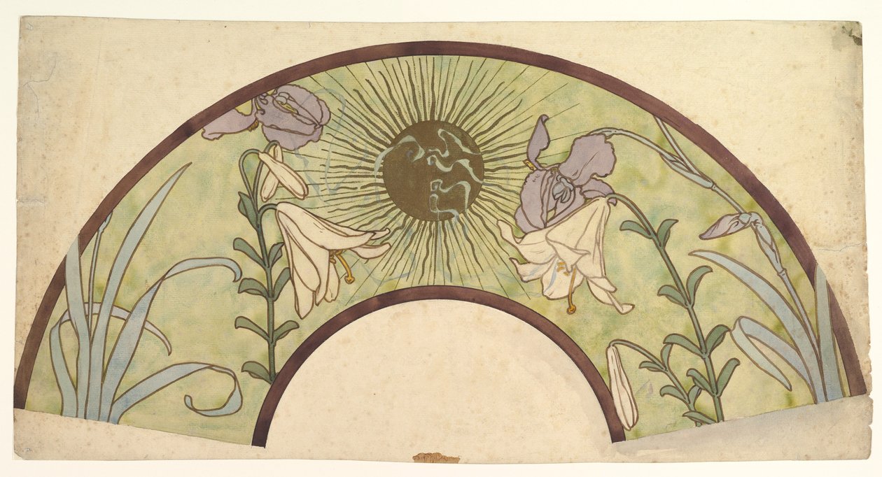 Design para um fã com sunburst, lírios e íris, final do século 19 - meados do século 20 de Alphonse Mucha