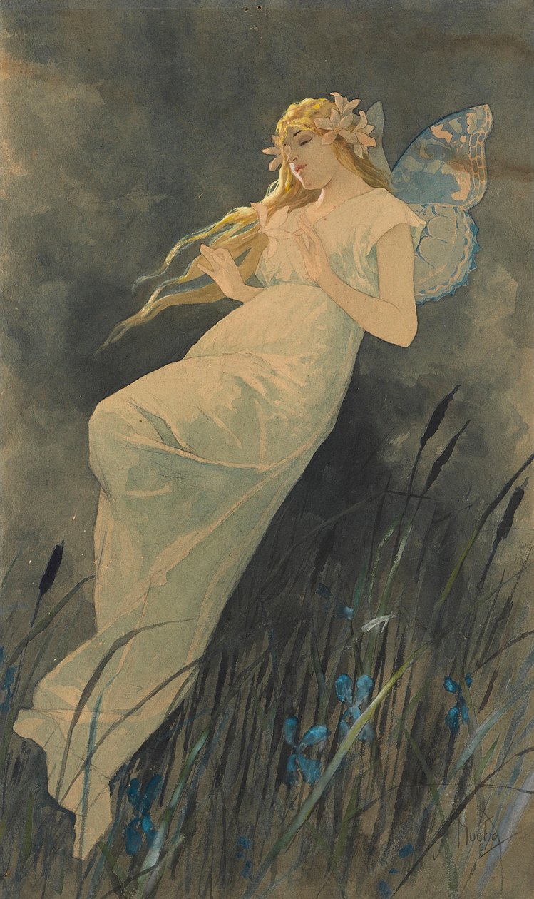 Elf com flores de íris, ca. 1886-1890. de Alphonse Mucha