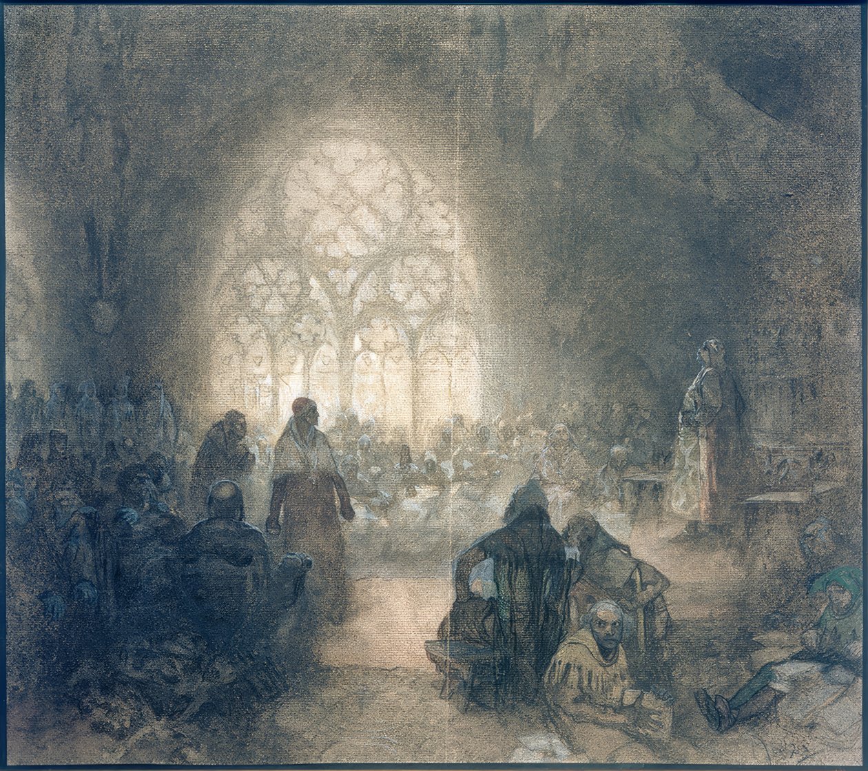 George de Podebrad e o Legado do Papa F. de Valle, 1462 de Alphonse Mucha