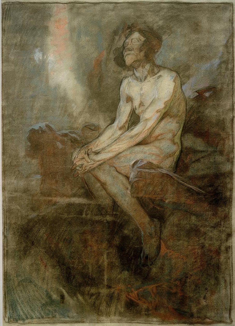 Homem nu sentado em cima de uma pedra de Alphonse Mucha