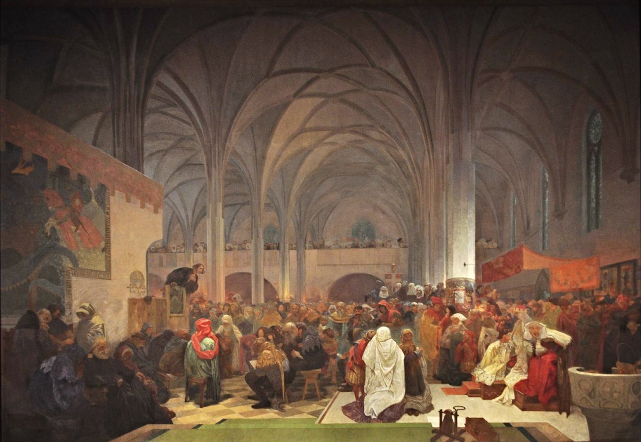 Mestre Jan Hus Pregando na Capela de Belém O ciclo A Epopeia Eslava de Alphonse Mucha