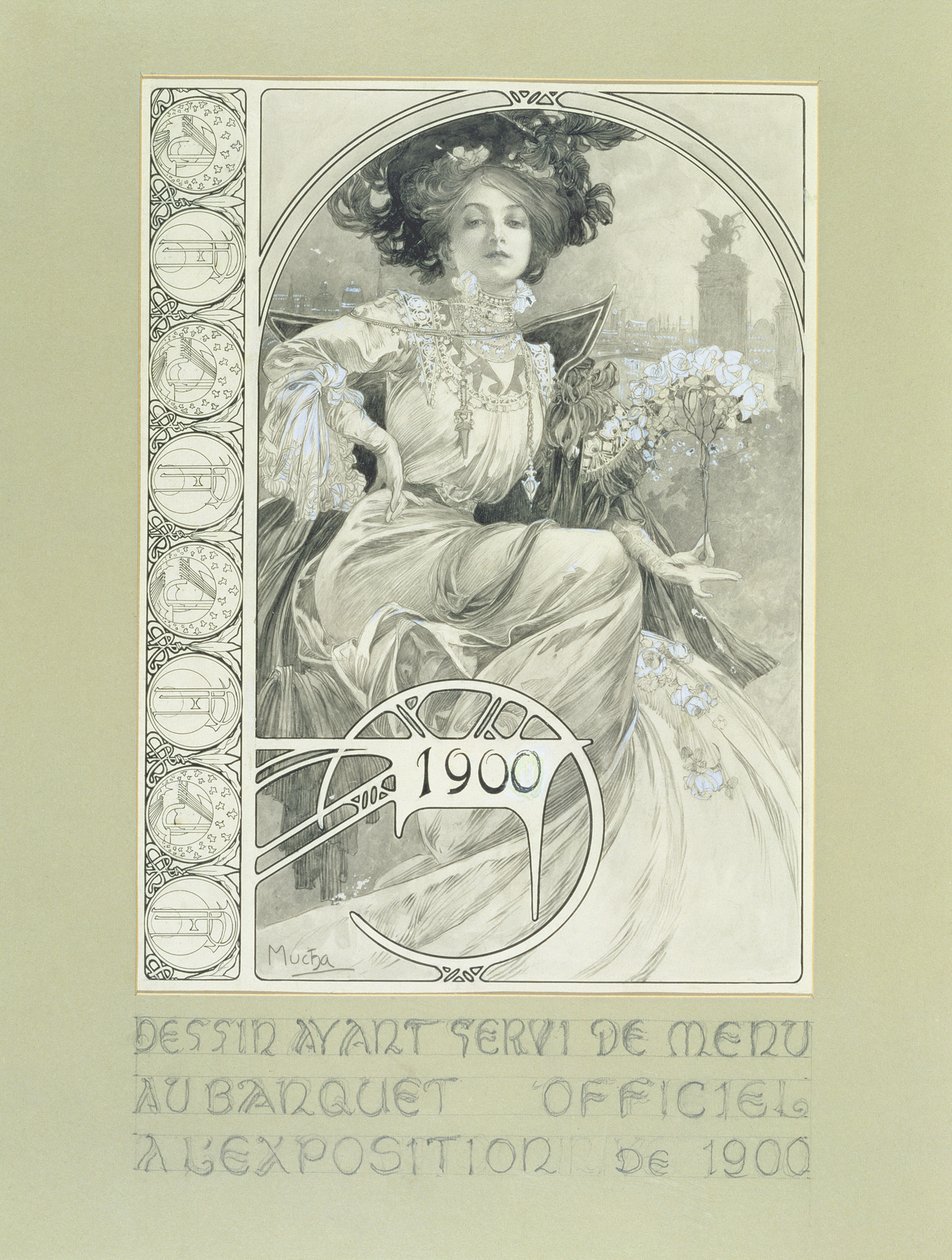 Banquete Oficial da Exposição Internacional de Paris de 1900. Design para o cardápio. de Alphonse Mucha