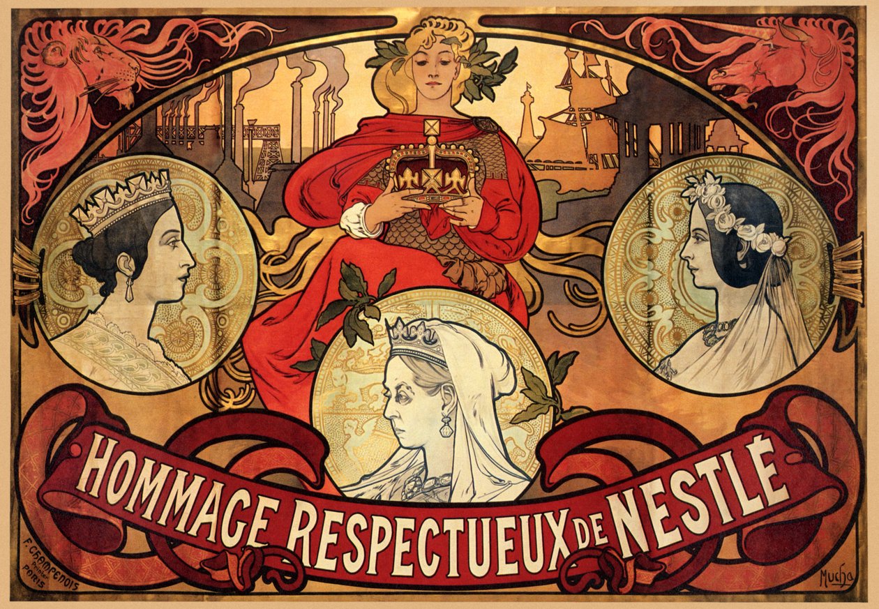 Cartaz publicitário Nestlé, homenagem à Rainha Victorias Jubileu de Diamante, 1897 de Alphonse Mucha